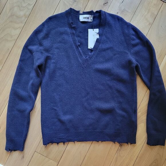 Mauro Griffoni Distressed Ripped V-neck Sweater size L 12 - Picture 1 of 9